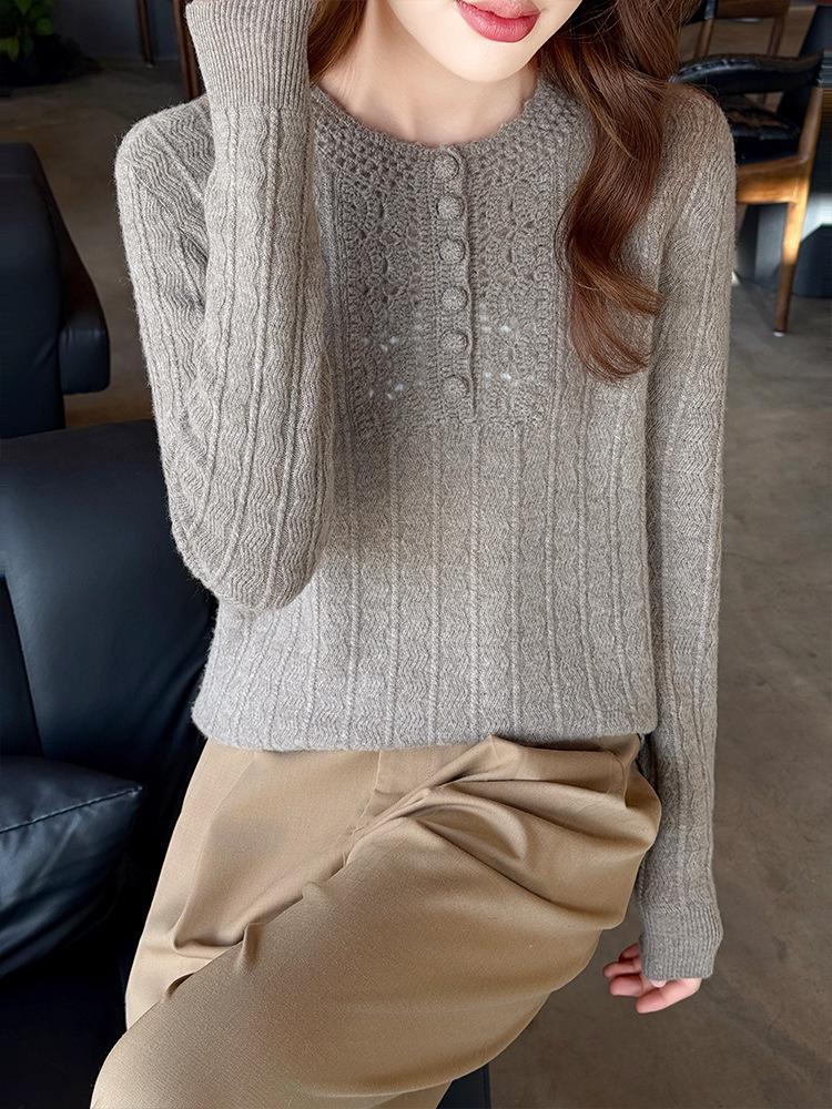 

Женский свитер свободного кроя из чистой шерсти, связанный крючком - Круглый вырез, Длинный рукав, Универсальный для весны и осени XL верблюд