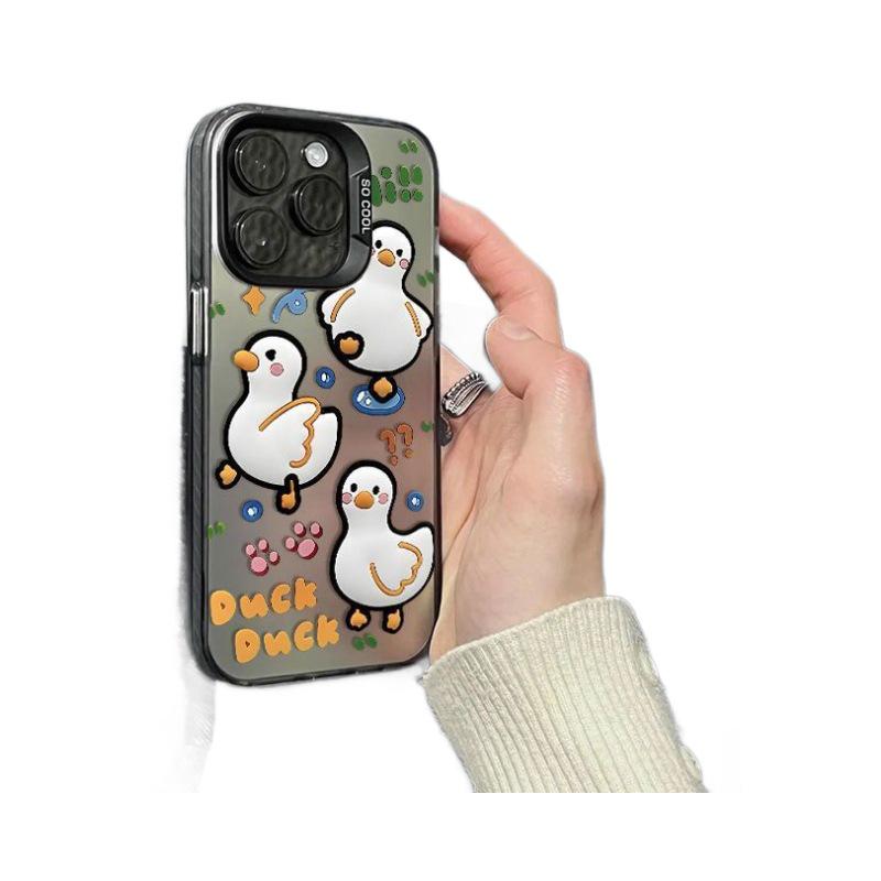 Silver High-Grade Anti-Fall iPhone 15 Pro Max/14/13 Case with Cute White Duck Design