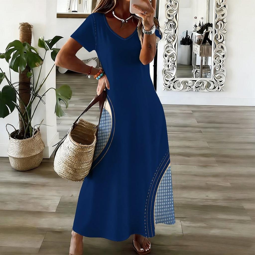 Women Plus Size V Neck Short Sleeve Printed White Straight Maxi Dress