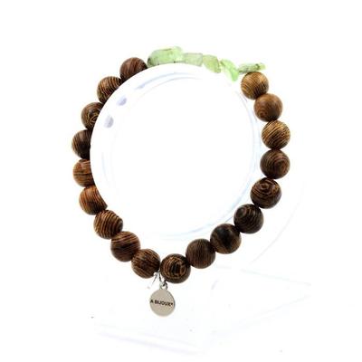 Stones and Minerals. Green Apatite Bracelet from Madagascar + 8 Mm Wooden Beads. Made In France.