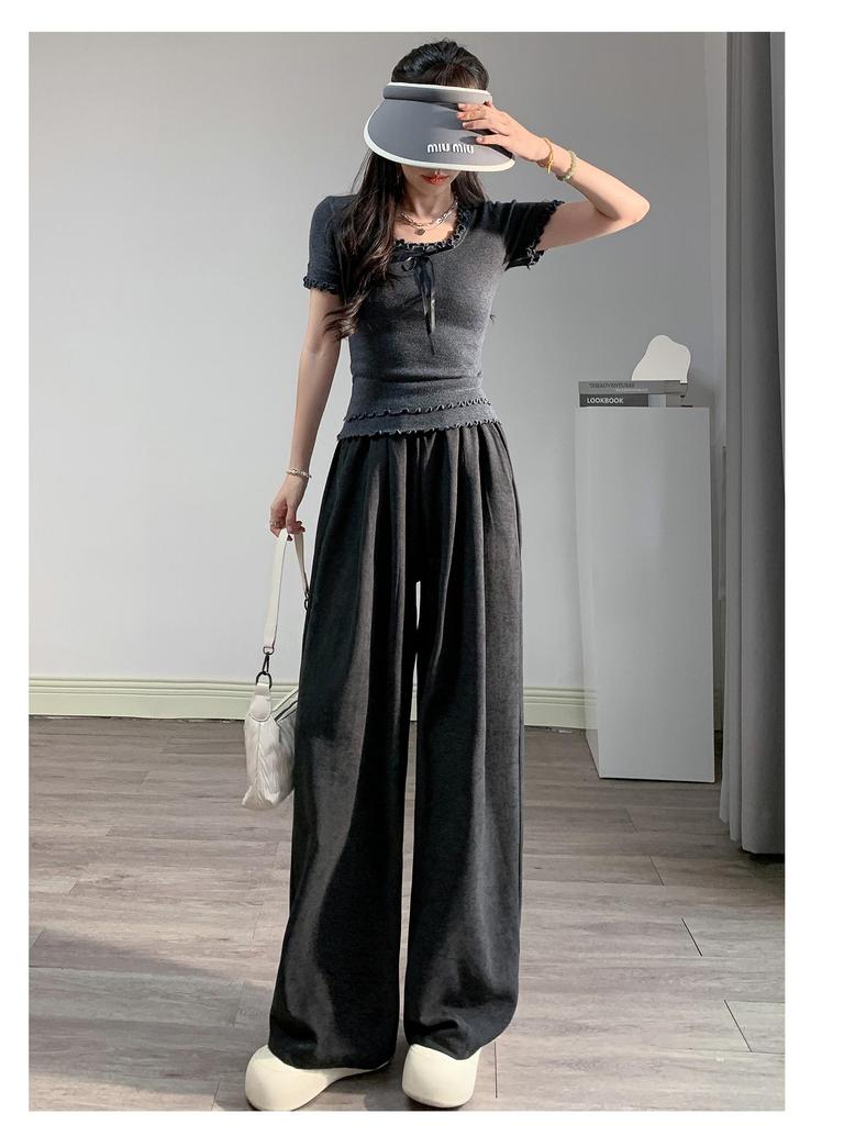 Women's Spring 2026 High-Waisted Wide-Leg Milk White Casual Pants, Petite Flattering Korean Style by Yamamoto