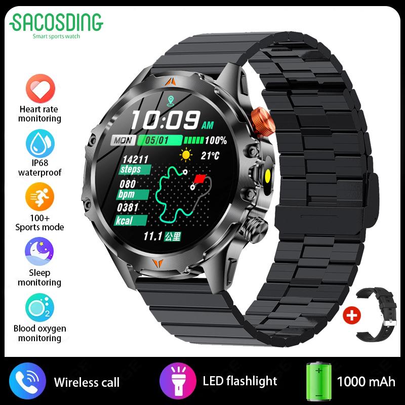 SACOSDING Men Smart Watch Compass LED Flashlight BT Call Heart Rate Sleep Health Monitoring Outdoor Sports Fitness Smartwatch