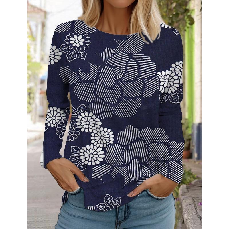 Retro flower pattern 3D printed long sleeved T-shirt