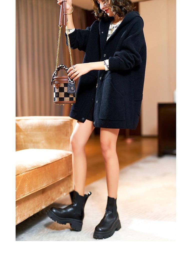 Dámský vlněný kabát střední délky s kapucí - Jednobarevný, Všestranný, Zeštíhlující, Ležérní, Jaro 2023