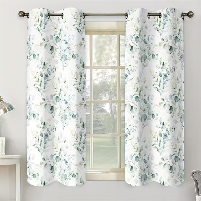 2 Pcs Green leaves print Perforated curtains  suitable for bedroom  living room kitchen decoration  home decoration  window decor