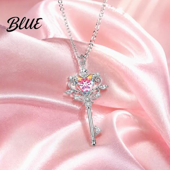 Versatile Alloy Chain for Women Magic Key Pendant Necklace Pink Cubic Zirconia Heart Necklace Rhinestone Sweet Fairy Jewelry Girls Everyday