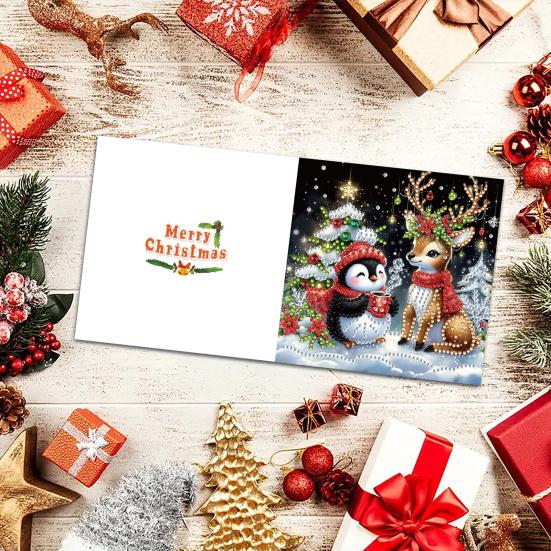 6 Pcs DIY Rhinestone Art Painting Cards Christmas Greeting Card Making Kit with Envelopes 5D Snowman Cat Deer Rhinestone