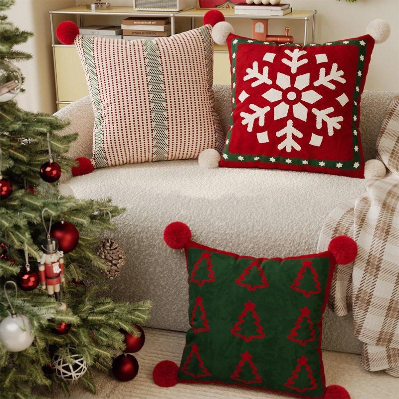 Festive Christmas Decorative Throw Pillow Pom‑pom Design Square Cushion Xmas Home Ornament For Sofa Couch Bedroom Living Room