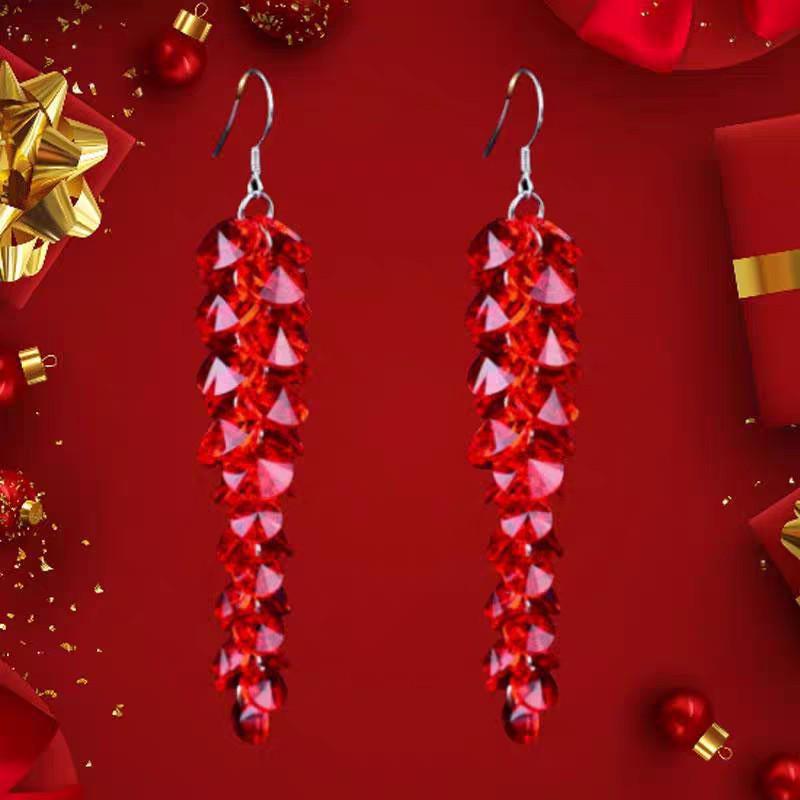 Elegant Bridal Red Crystal Tassel Earrings in 925 Sterling Silver
