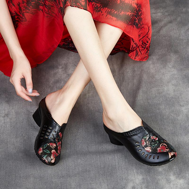 Slippers summer outer wear women's shoes thick heel soft sole sandals women's first layer cowhide hollow non-slip mother sandals