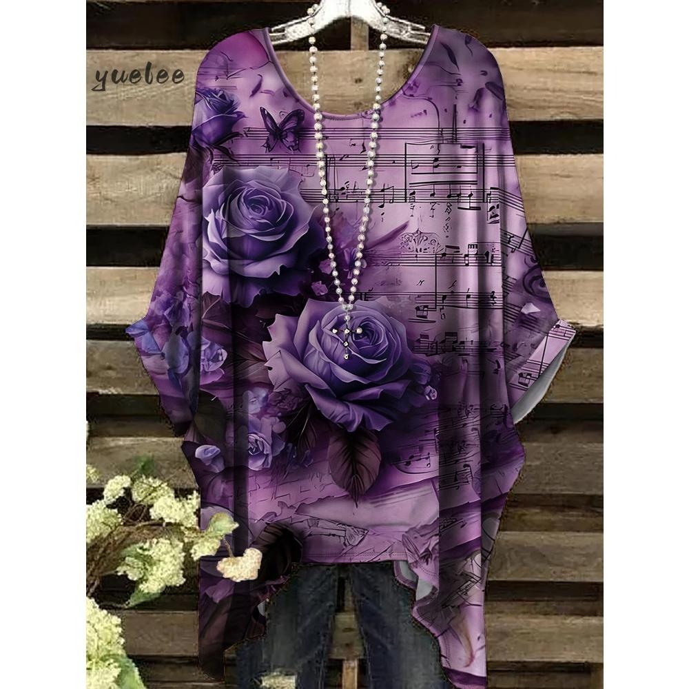 T-shirt da Donna Stampa Floreale Colorata Girocollo Top Orlo Irregolare Manica Corta Taglie Forti Abbigliamento da Donna Casual per Esterno