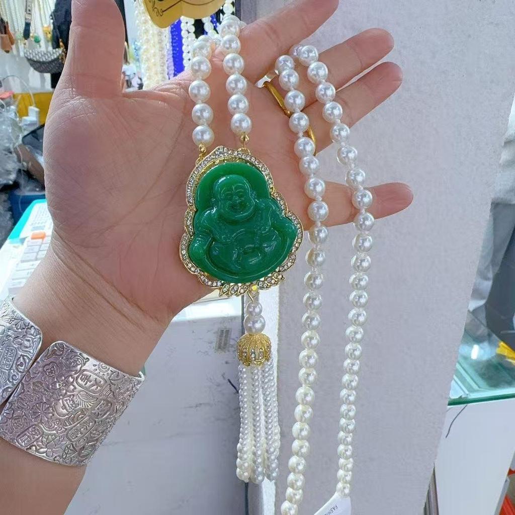 Laughing Buddha Imitation Jade Necklace - Maitreya Pendant, Fashionable Chinese Light Luxury Jewelry