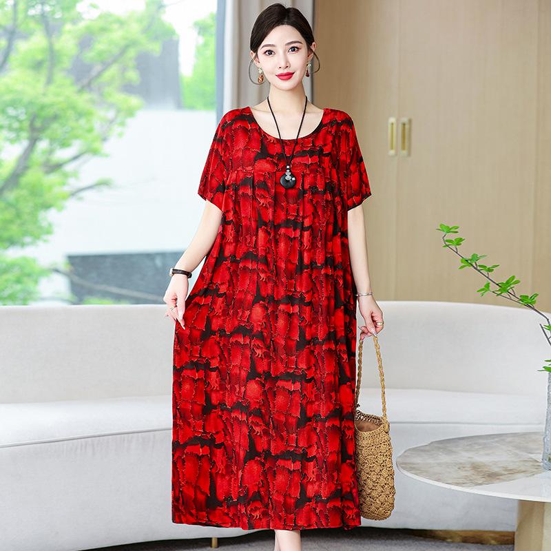 Cotton Silk Dress Women's Summer Large Size Temperament Loose Printing Casual Cotton and Linen Long Skirt