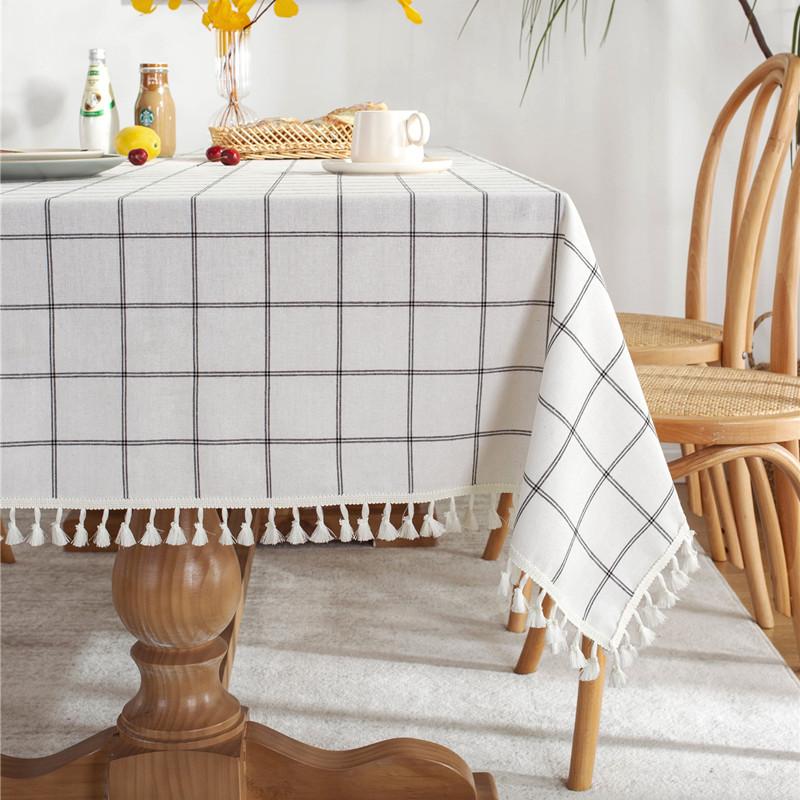 Cafe Double-Line Plaid Cotton Polyester Hemp Tassel Geometric Rectangular Dining Table Coffee Table Tablecloth Tablecloth
