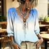 Women's Gradient Print Ruffle V-Neck Blouse with Tie Front