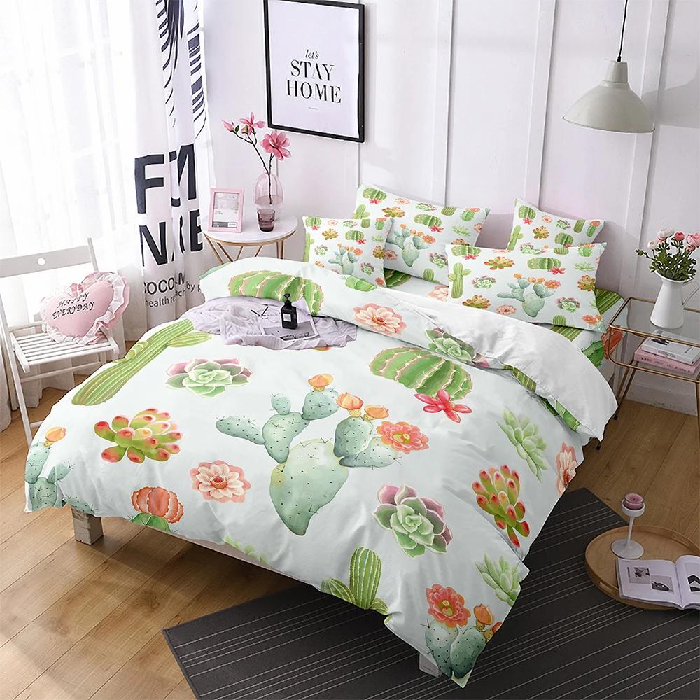 Cartoon Cactus King Queen Duvet Cover Succulent Plants Bedding Set For Adults Green Tropical Desert Plants Polyester Quilt Cover
