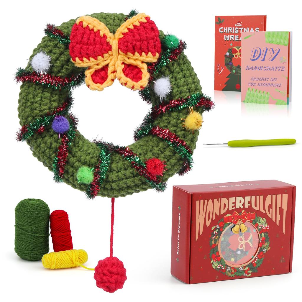 Fenrry Crochet Kit for Beginners Christmas Wreath Adults Knitting Kit with Step-by-Step Video Tutorials Crochet Yarn