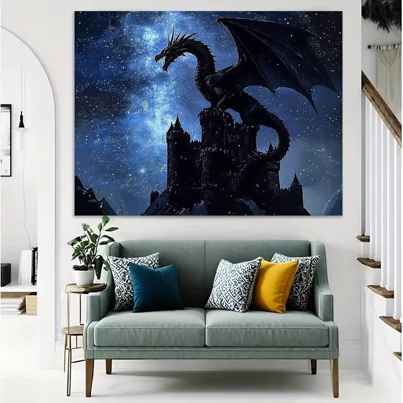 2D Schwarz-Drachenburg Wandteppich, Mittelalterliche Burg mit Drachen und Sternenhimmel