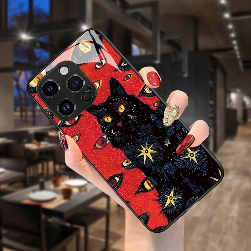 Retro Dark Cat Suitable for Apple 17/16pro Personalized Mobile Phone Case Iphone15 Glass Protective Case Hard Case