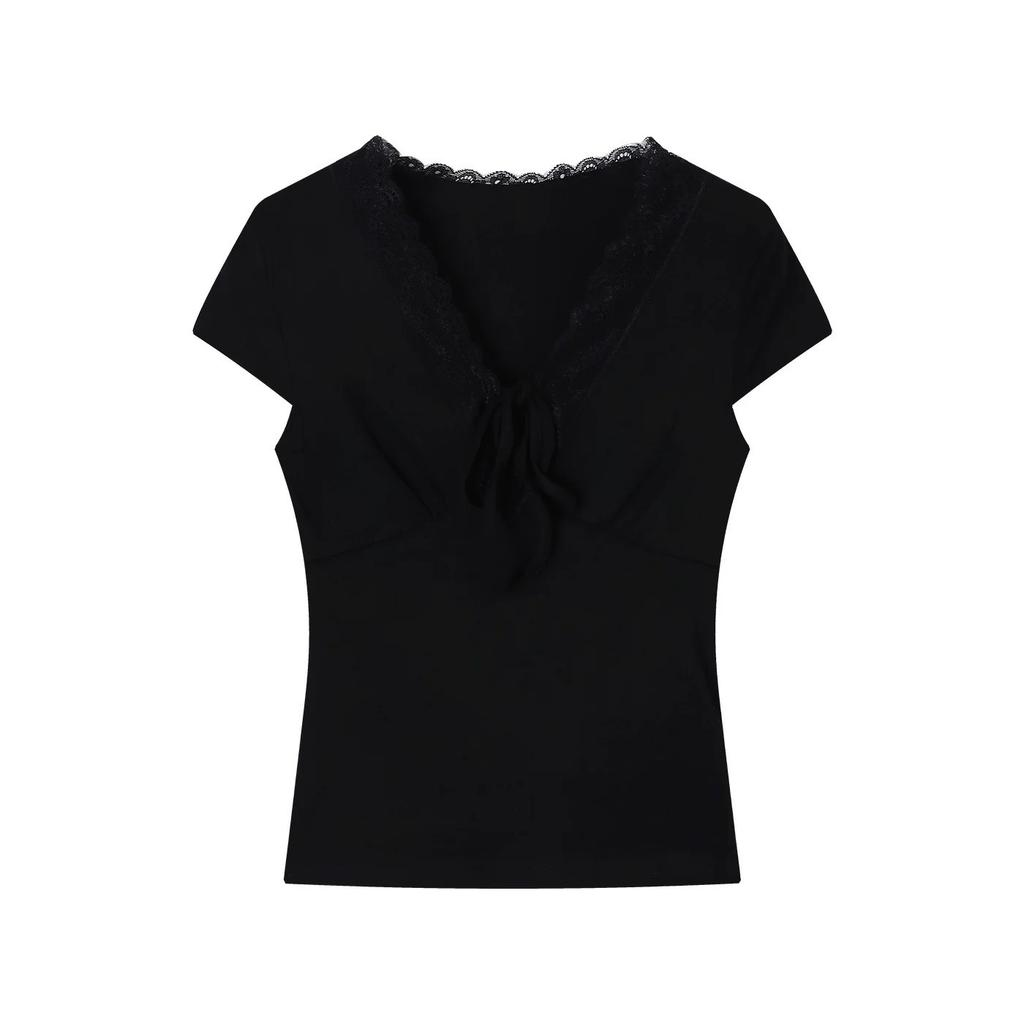 Short-sleeved t-shirt women's new summer short-sleeved slim-fit lace splicing beautiful V-neck small top