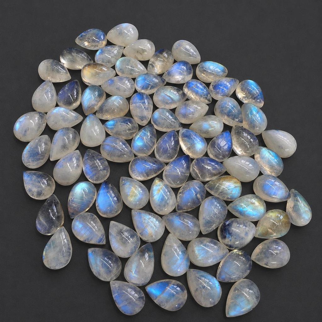 AAA+ Rainbow Moonstone Teardrop Flat Back Cabochon | Calibrated Pear Loose Gemstone for Jewelry Making & Wholesale
