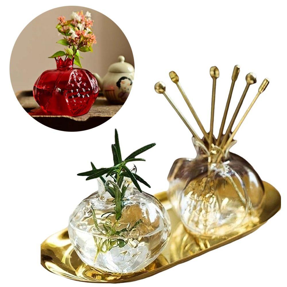 Unique Shape Transparent Pomegranate Glass Vase Red Decorative Hand-Blown Glass Vase Hydroponic Flower Vase Desktop Ornament