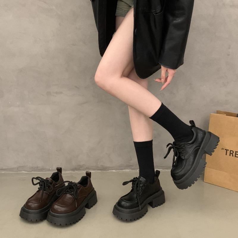 Thick Bottom Fashion Style Leather Women's Pumps Lace Up Thick Soled Loafers Retro High Heels Mary Janes Fashion Heeled Shoes