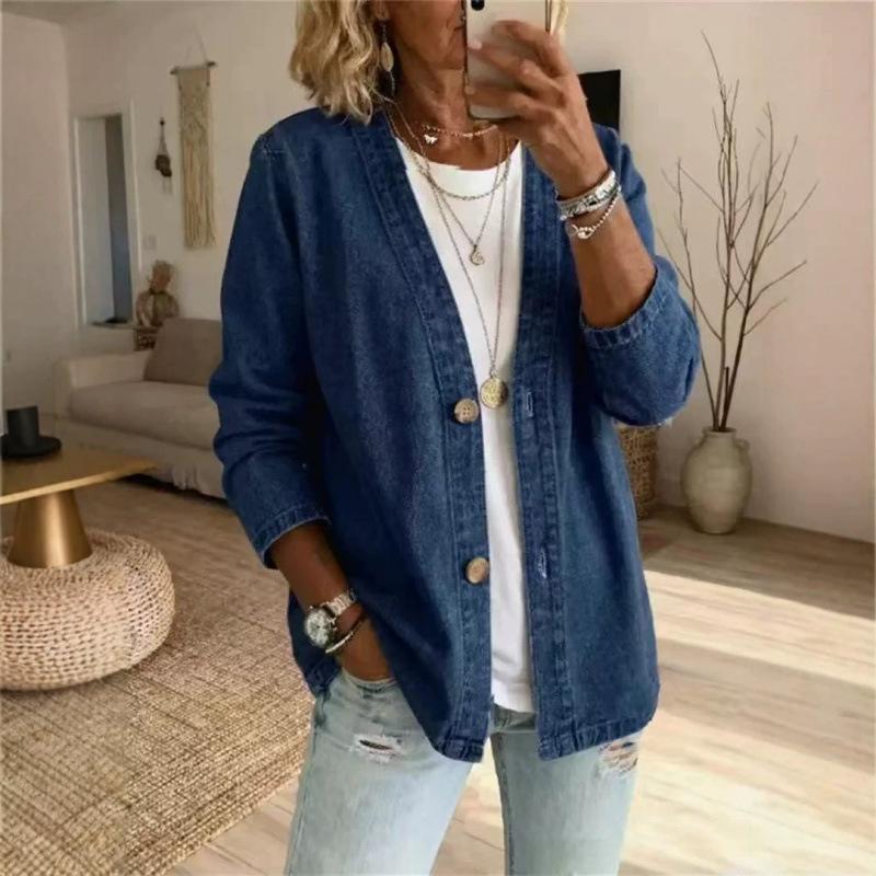 Women S Floral Print Casual Imitation Denim Stand Collar Long Sleeve Cardigan Coat