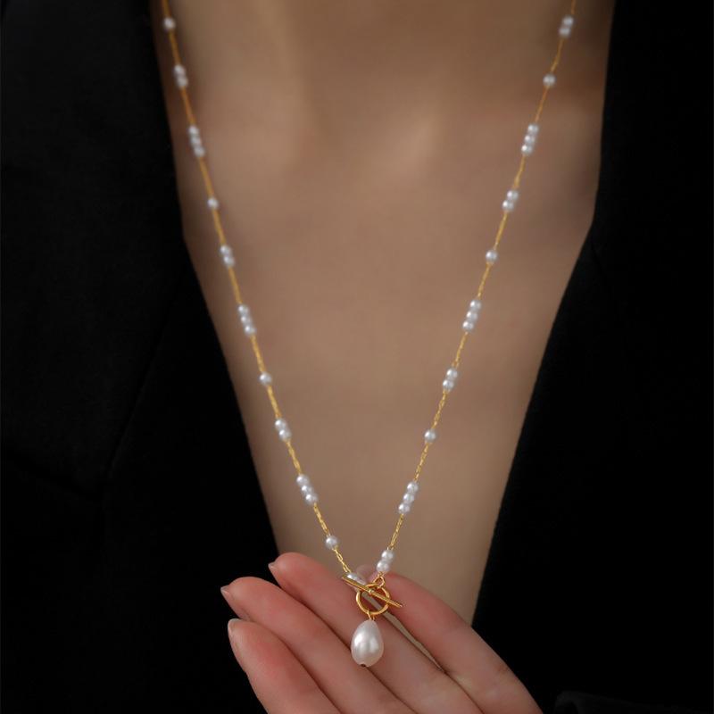 2026 New Style Entry Luxury T-Buckle High-end Pearl Pendant Necklace Women's Niche Design K-Gold Cold Copper Ethnic Bamboo Chain