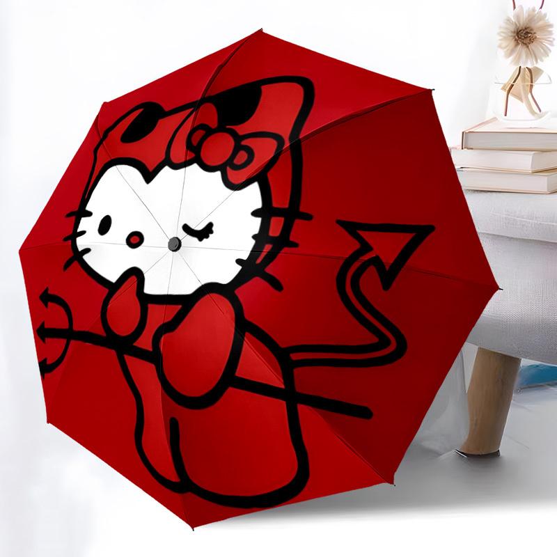 1pc Devil Hello Kitty Automatic Cute Umbrella 8-Bone Design Compact Gear for Outdoor Travel, Perfect Helloween Chrismas Gift for Friends or Family Yy2