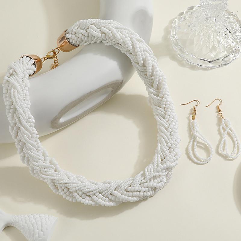 Bohemian Style European Colorful Multi-layer Rice Beads Handmade Woven Necklace Earrings Set