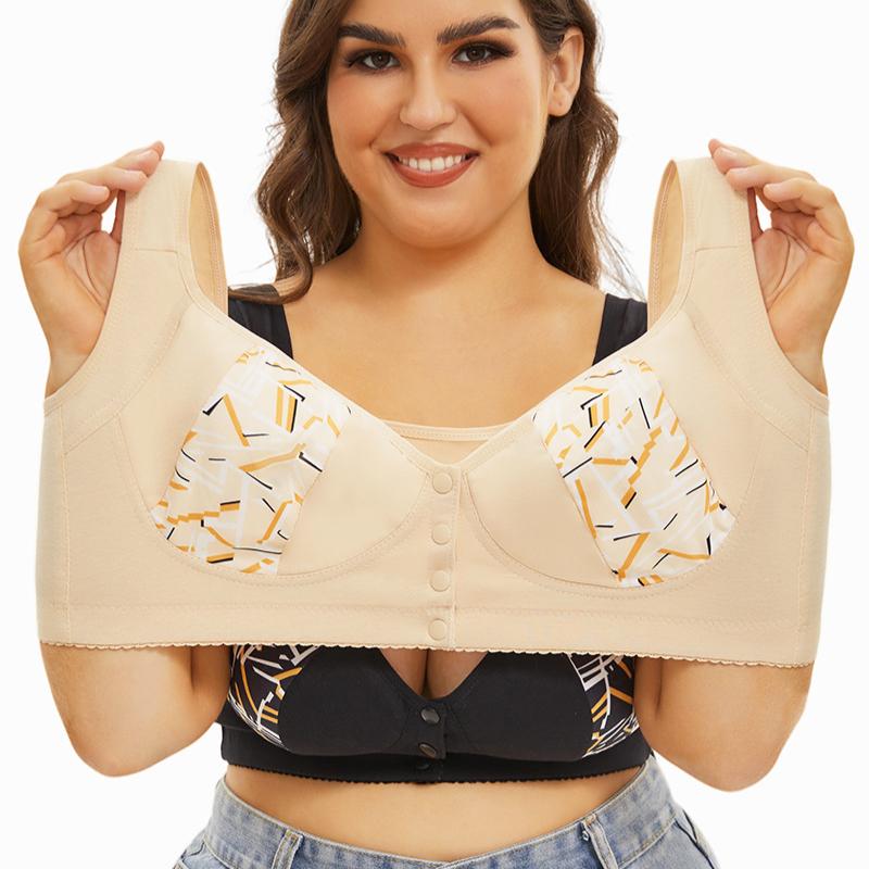Gathered Plus Size Bra Vest Style Front Button Printed Underwear Push Up Bra