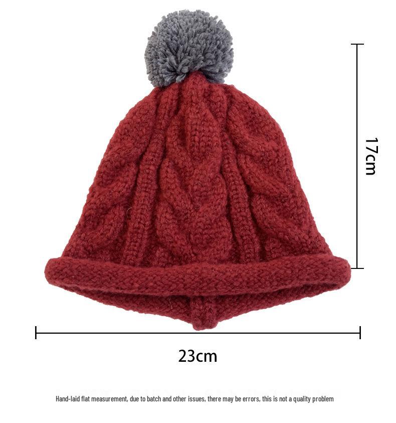 Cat Brother Unisex Korean Style Color Block Pom-Pom Knit Beanie - Warm Wool Hat for Kids, Autumn/Winter