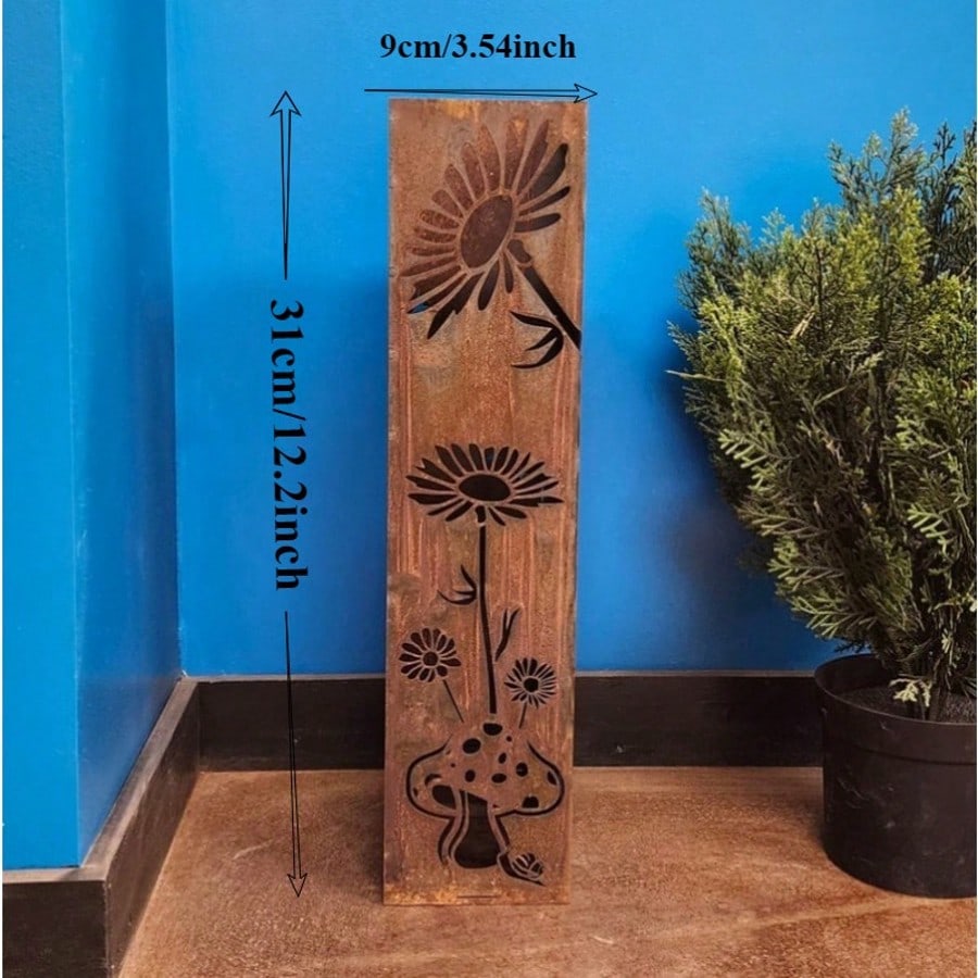 

Handmade Soldered Vintage Rusty Metal Fairy and Mushroom Garden Columns - Featuring Floral Perforations, Climbing Plant Support