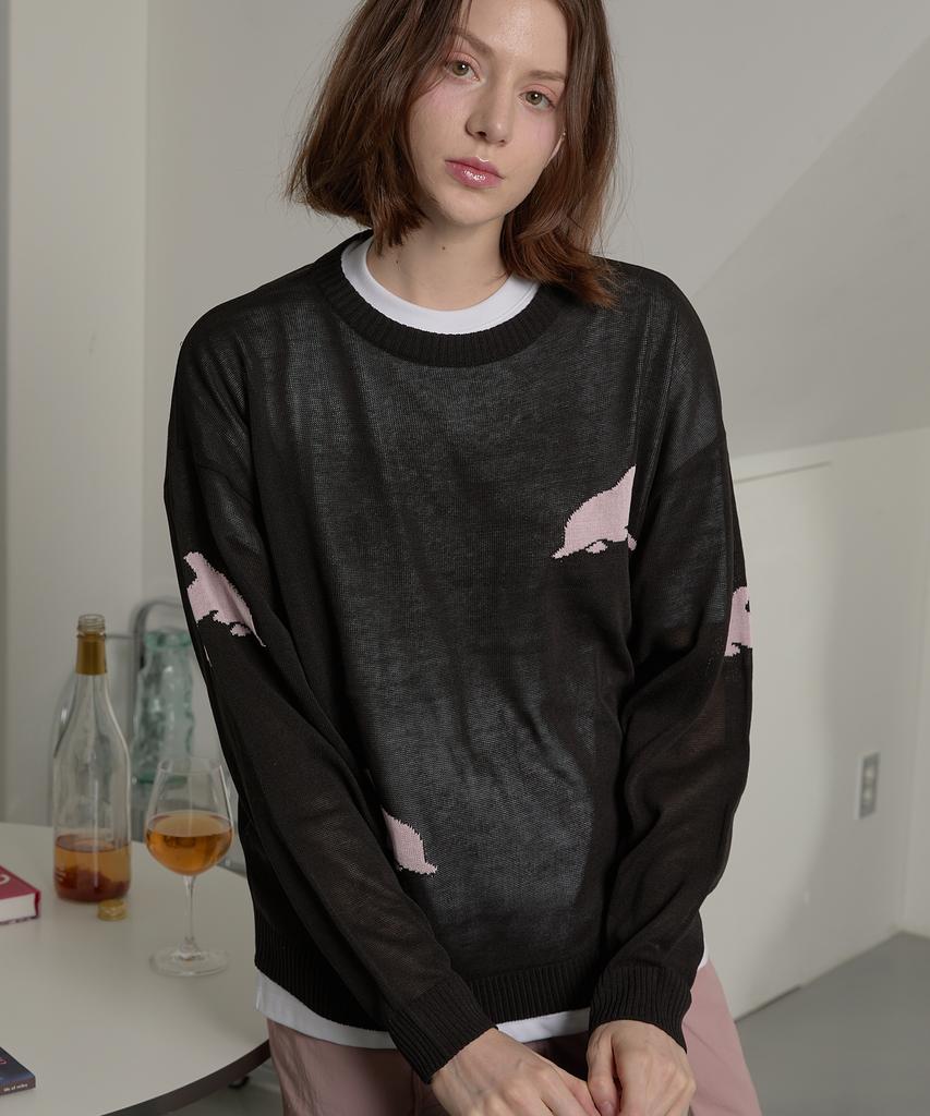 WAIKEI Dolphin See-Through Crew Neck Knit Black