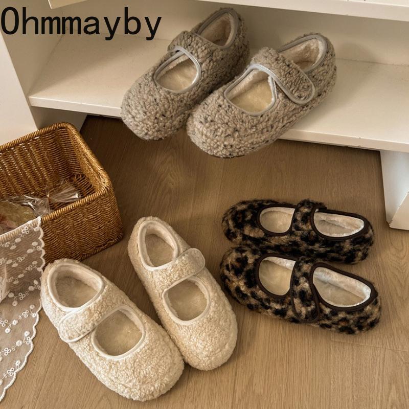 Warm Cotton Women Flats Shoes Comfort Soft Sole Short Plush Mary Jane Shoes Outdoor Furry Shoes For Autumn Winter
