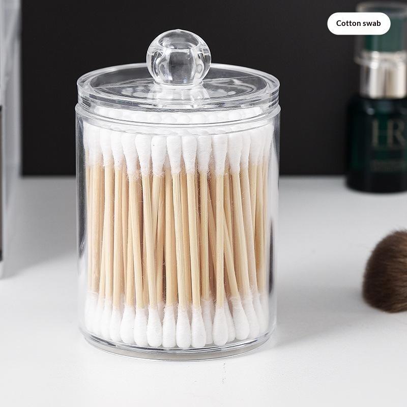 Cotton Swab Organizer with Bamboo Lid Clear Plastic Apothecary Jar for Bathroom Vanity Makeup Storage