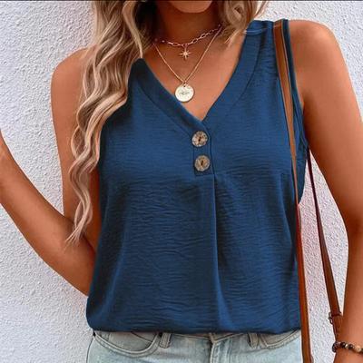 Women Summer Casual Sleeveless Pullover Solid Color Button Vest Top
