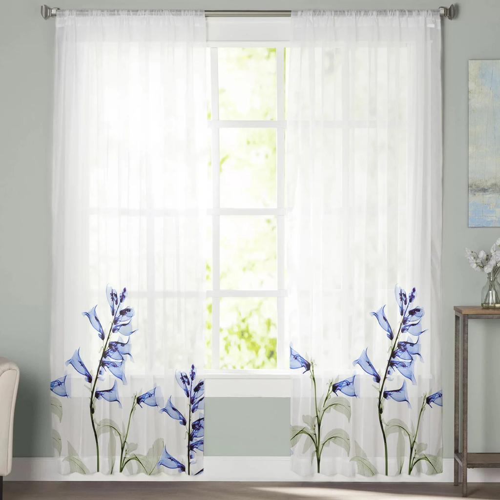 3D Flower Blue Flower Sheer Curtains for Living Room Bedroom Kids Room Tulle Window Treatment Drapes