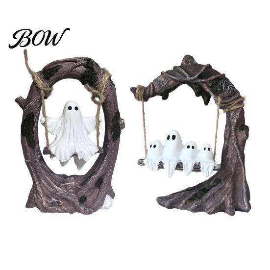 Weather-Resistant Garden Ornament Ghost On Tree Swing Halloween Decor, Resin Spooky Figurine with Vintage Whimsical Home Furnishings Base, Festive
