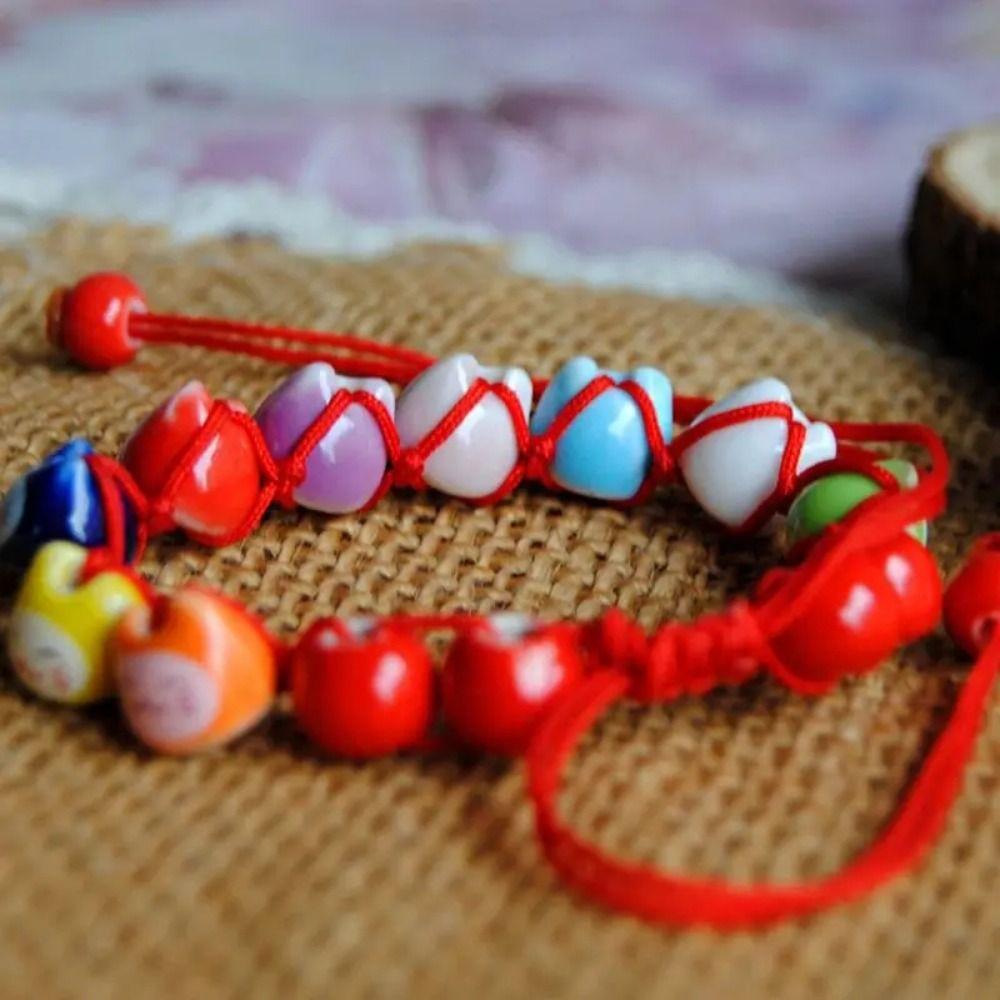 Lucky Cat Ceramic Maneki Neko Bracelet Handmade Red String Hand Rope Cat Bead Bracelet  Couple