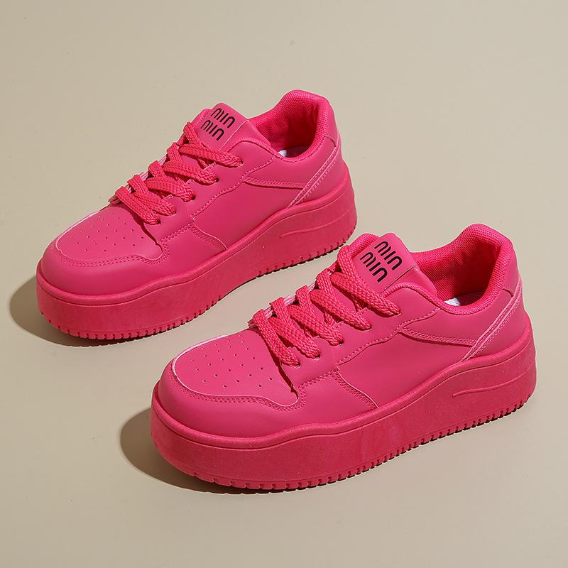 Fashion Autumn Leather Pink Platform Sneakers Thick Sole Chunky Shoes Women 2024 Slip On Lace-up Fashion Casual Outdoors Walking Shoes