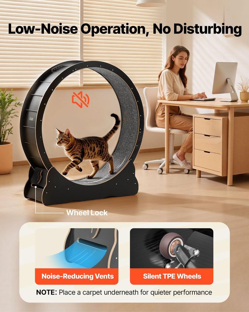 Cat Exercise Wheel, 120 Cm Wooden Cat Running Wheel for Indoor Cats Up To 12.7 Kg, Cats Treadmill with Carpeted Runway & Locking Mechanism, Quiet