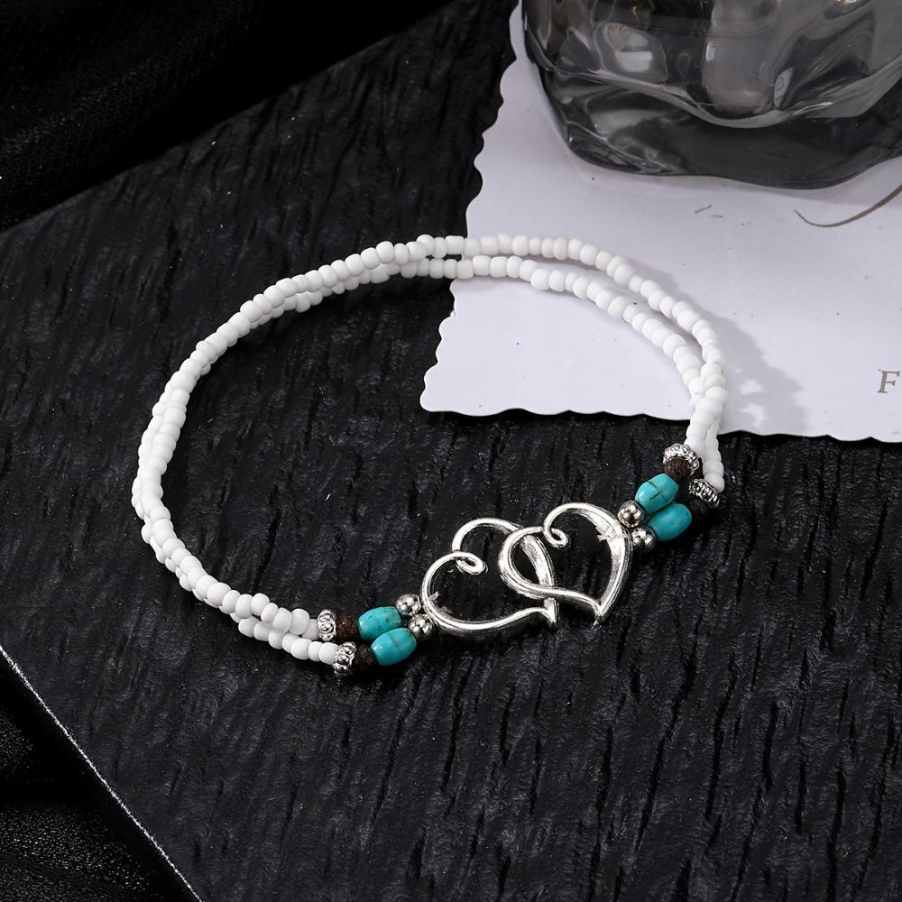 Dobbel Openwork Hjerte Perleanklettsett med Mini Rocailles Elegant Bøhmisk Stil Elastisk Anklett, Perfekt Gave til Vakre Kvinner
