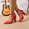 Aphixta 3.94 Inch High Square Heels Pumps Women 2cm Bling Crystal Belt Buckle Strap Shoes Chunky Heels Super Big Size 35-53