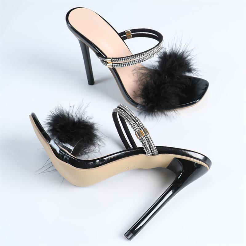 Eilyken 2025 Women Sandals Open Toe Thin High Heels Slippers Designer Crystal Faux Fur Banquet Summer Ladies Shoes