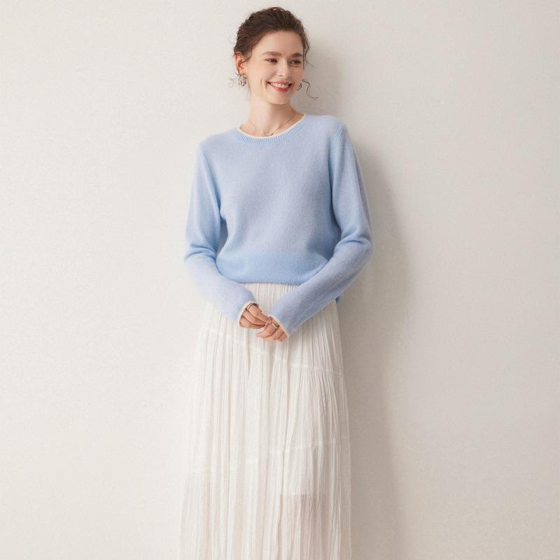 Women's Color Block Cashmere Sweater – 100% Pure 7 Gauge Single Ply, Soft, Skin-Friendly Pullover with Round Neck.