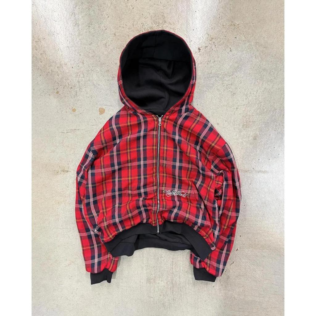 STREETRICH Autunno e Inverno Nuova Giacca con Cappuccio a Quadri, Collo Alto Retro Americano, Larga Davanti e Dietro, Workwear