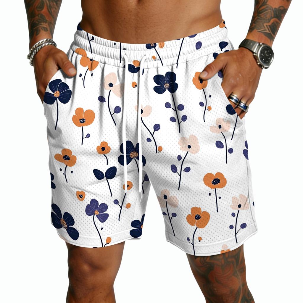 Men Drawstring Casual Shorts Lightweight Quick Dry Summer Shorts Five Inch Inseam with Tropical Tree Print for Outdoor Beach Sports