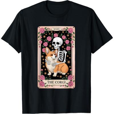 Corgi Tarot Card Halloween Skeleton Dog with Flowers T-Shirt